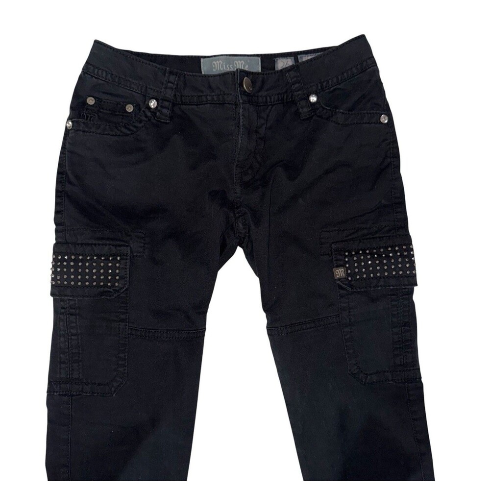 Vintage Miss Me Black Studded Cargo Skinny Pants Low Rise Ankle Zip Size 26 Y2K